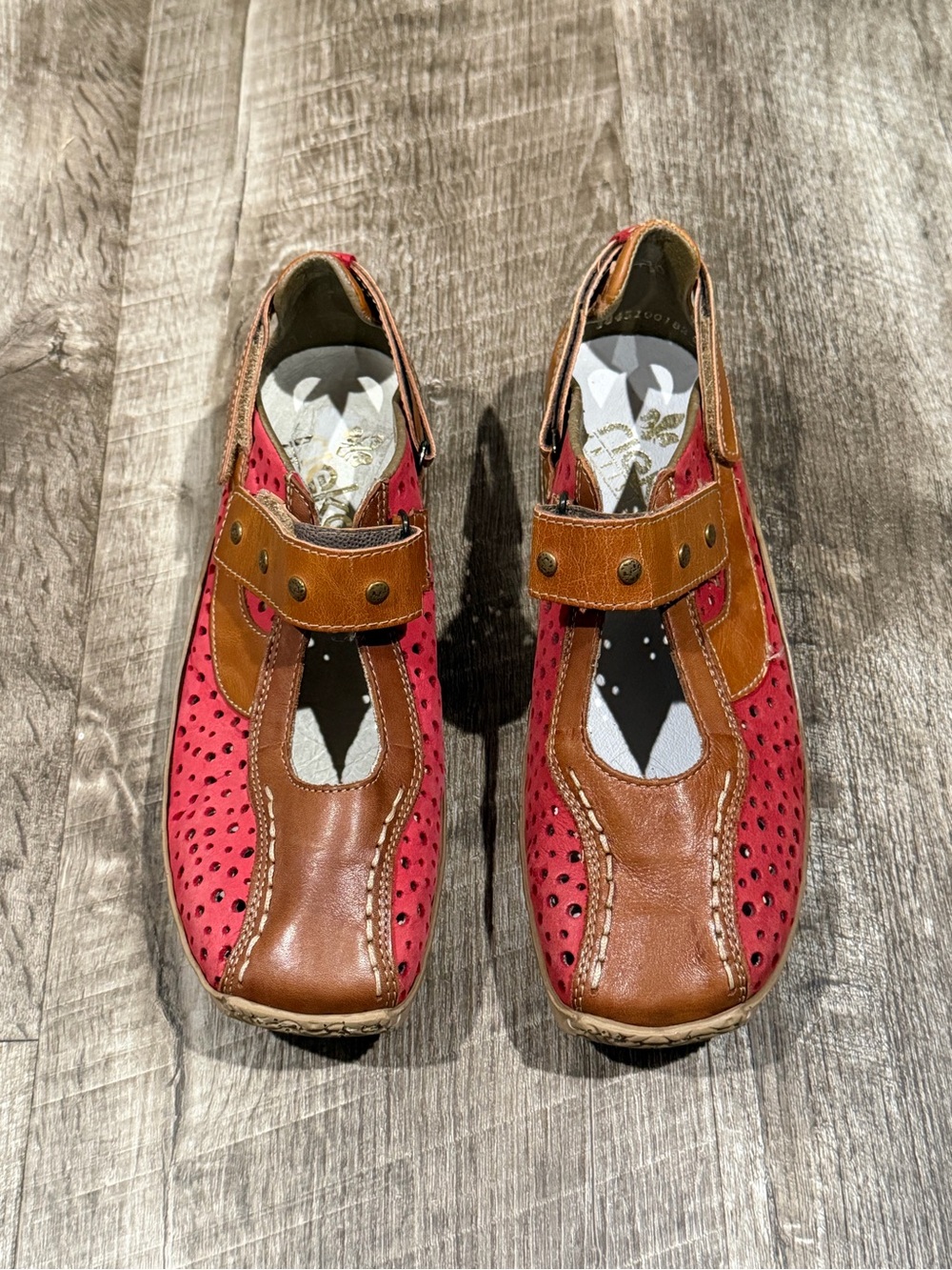 Rieker Mary Jane Shoes Womens 36 Pink/Brown Leather Perforated Comfort Casual